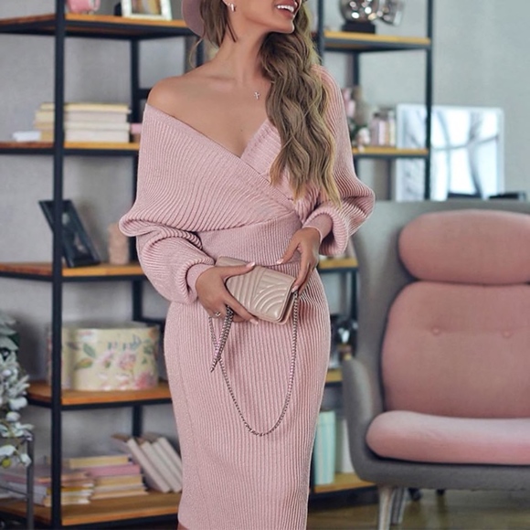 2 Piece Set Rib Knit Blush Pink Midi Skirt and V-Neck Pullover Sweater - Picture 1 of 12
